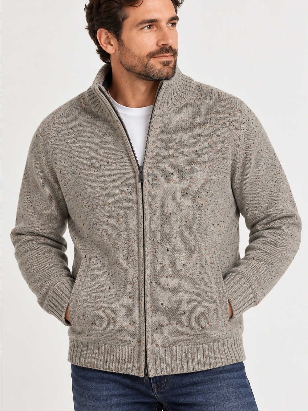 Weatherproof Men’s Zip-Front Speckled Knit Sweater - Light Gray